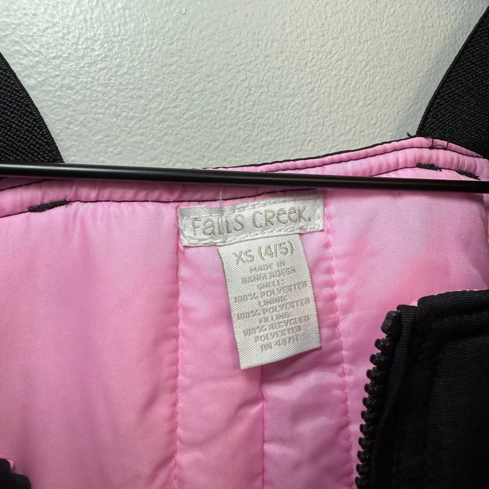 Falls Creek Girls Black Pink Insulated Snow Bibs Overalls XS 4/5 Reinforced Knee